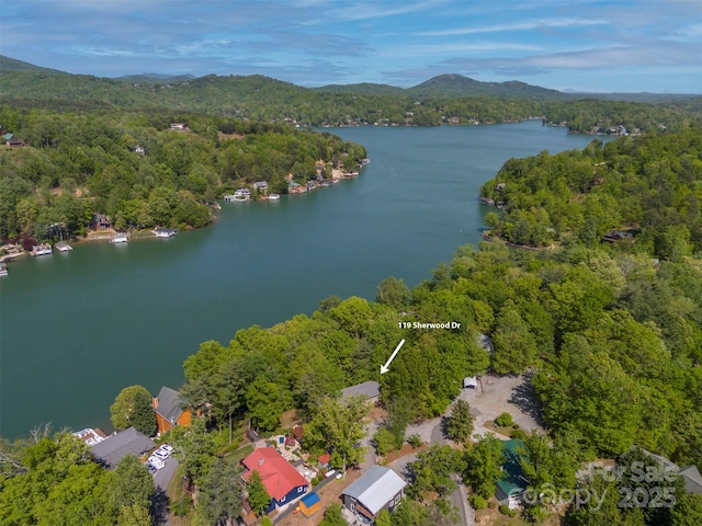 drone / aerial view featuring a water view