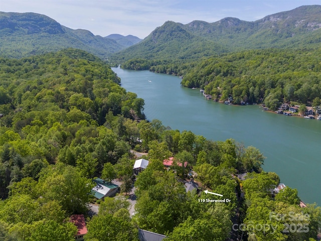 bird's eye view with a water and mountain view