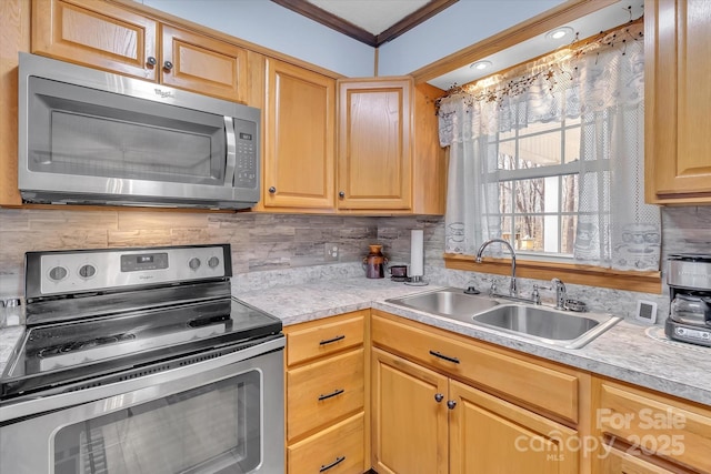 kitchen featuring tasteful backsplash, crown molding, appliances with stainless steel finishes, and sink