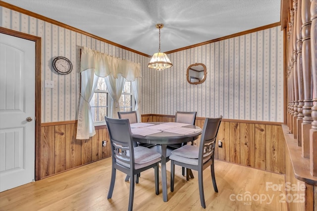 dining room with ornamental molding, light hardwood / wood-style floors, and a textured ceiling