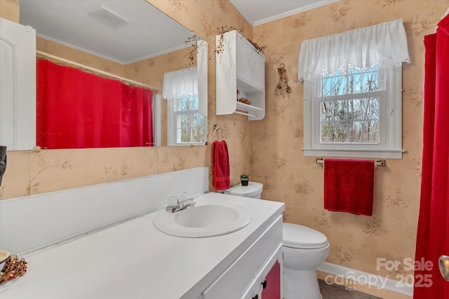 bathroom with vanity, plenty of natural light, a shower with shower curtain, and toilet