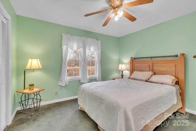 bedroom with ceiling fan, carpet floors, and a closet