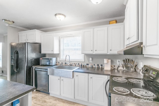 kitchen with white cabinetry, sink, ornamental molding, and black appliances