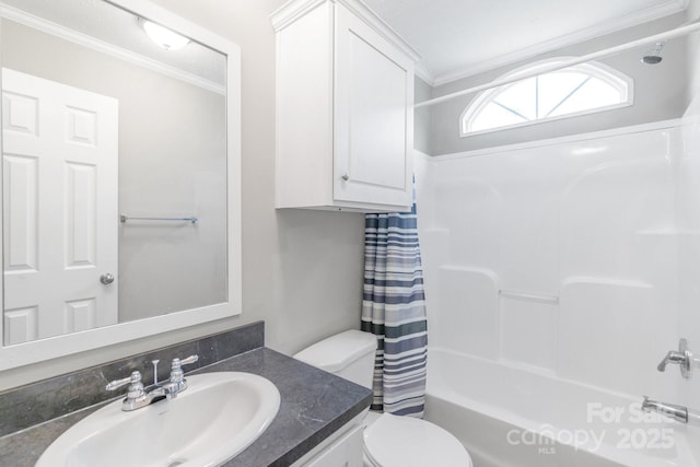 full bathroom with vanity, ornamental molding, toilet, and shower / bath combo