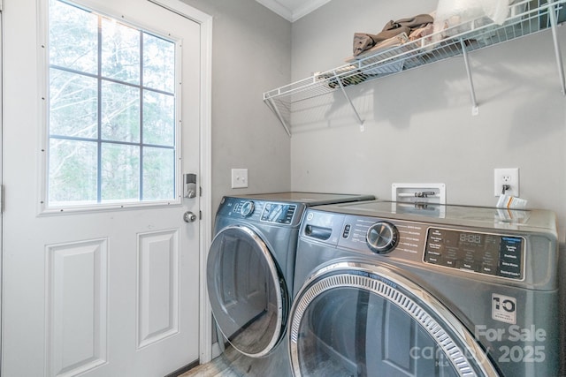 washroom featuring crown molding and washing machine and dryer