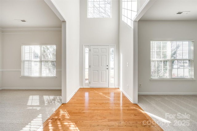 carpeted foyer entrance featuring crown molding and a towering ceiling