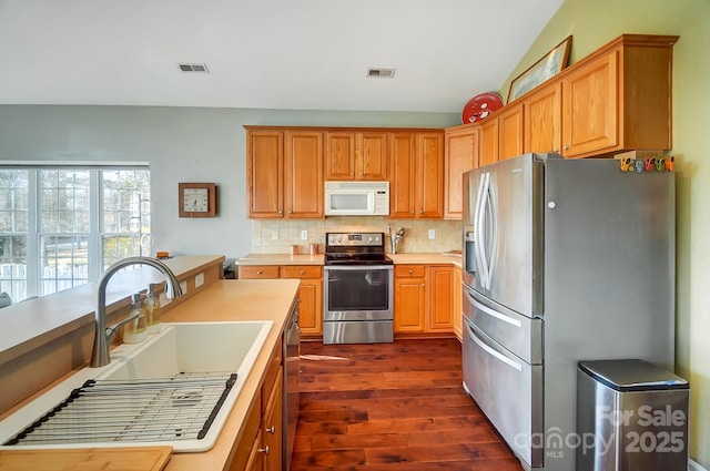 kitchen featuring sink, vaulted ceiling, appliances with stainless steel finishes, dark hardwood / wood-style floors, and decorative backsplash