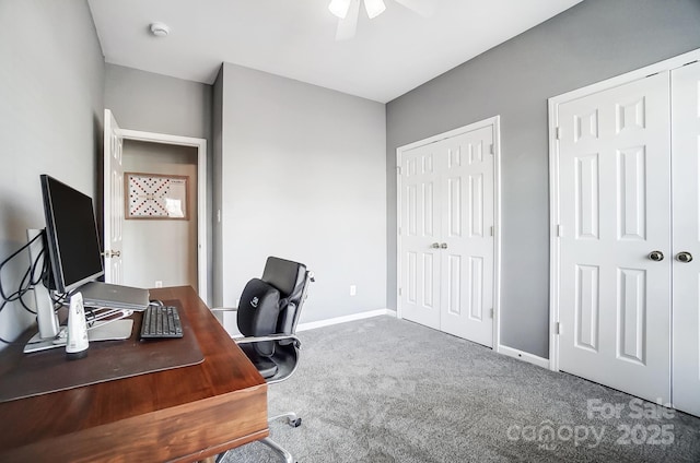 office featuring ceiling fan and carpet