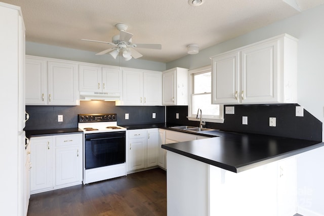 kitchen with sink, white cabinetry, kitchen peninsula, range with electric cooktop, and backsplash