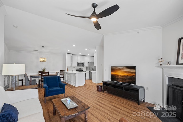 living room featuring sink, crown molding, ceiling fan, and light wood-type flooring