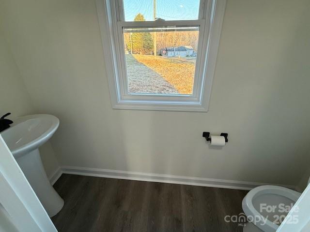 bathroom featuring wood-type flooring, plenty of natural light, and toilet