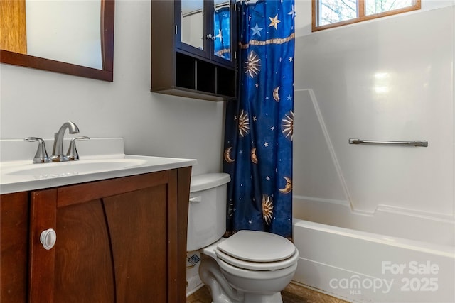 full bathroom featuring shower / bath combo, vanity, and toilet