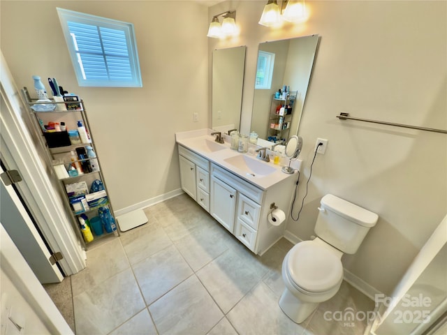 bathroom featuring vanity, toilet, and tile patterned flooring