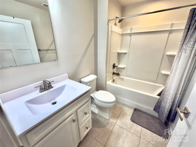 full bathroom featuring shower / bathtub combination with curtain, vanity, tile patterned flooring, and toilet