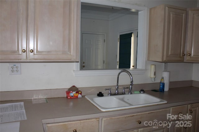 kitchen featuring crown molding, light brown cabinetry, and sink