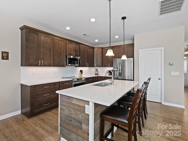 kitchen with visible vents, dark brown cabinetry, decorative backsplash, appliances with stainless steel finishes, and a sink