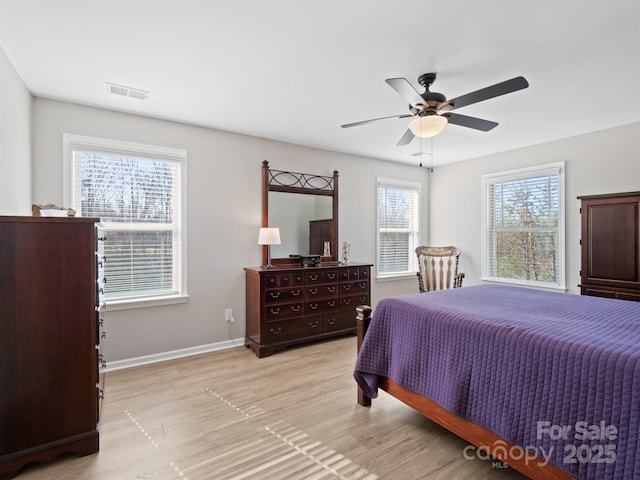 bedroom featuring visible vents, baseboards, ceiling fan, and light wood finished floors