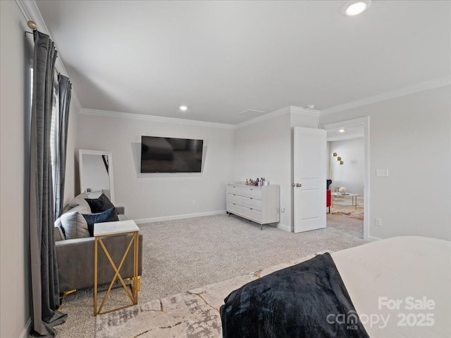 bedroom with carpet floors and ornamental molding