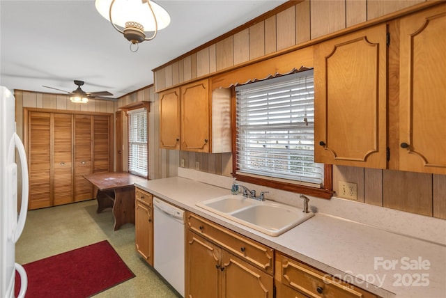 kitchen with ceiling fan, sink, wooden walls, and white appliances