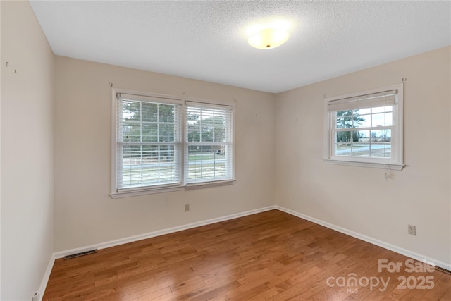 spare room featuring wood-type flooring, a textured ceiling, and plenty of natural light