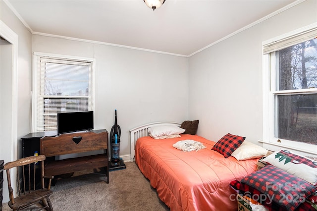 carpeted bedroom featuring crown molding