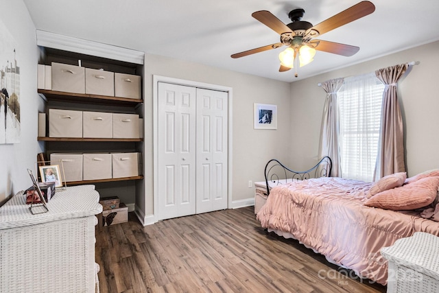 bedroom featuring dark wood-type flooring, a closet, and ceiling fan