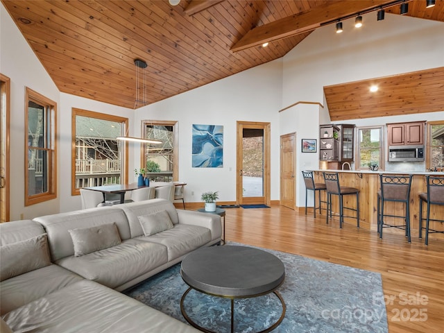 living room featuring beamed ceiling, rail lighting, wooden ceiling, and light hardwood / wood-style flooring