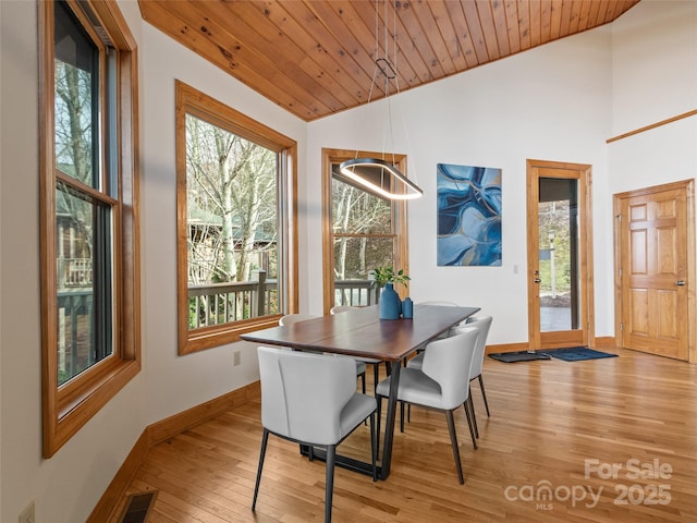 dining area with vaulted ceiling, light wood-type flooring, and wood ceiling