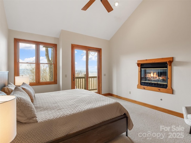 bedroom featuring access to outside, high vaulted ceiling, ceiling fan, and carpet