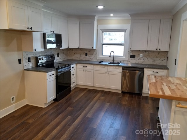 kitchen featuring dark wood-type flooring, sink, white cabinetry, black electric range, and dishwasher