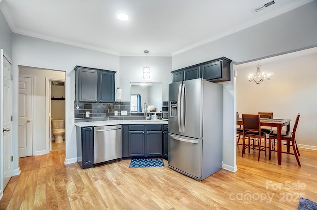 kitchen featuring pendant lighting, sink, appliances with stainless steel finishes, tasteful backsplash, and light hardwood / wood-style floors