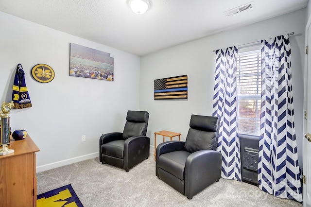 sitting room featuring a textured ceiling and carpet flooring