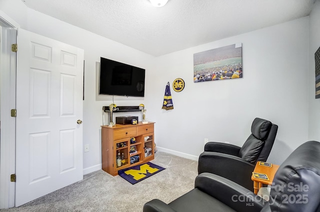 carpeted living room featuring a textured ceiling