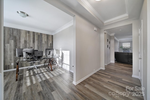 home office with hardwood / wood-style flooring and crown molding