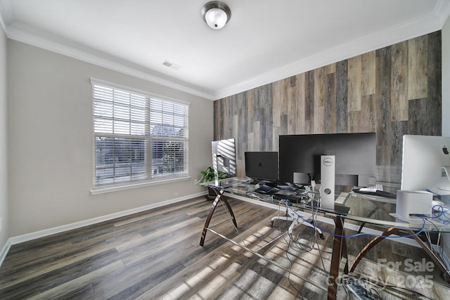 home office featuring hardwood / wood-style floors and crown molding