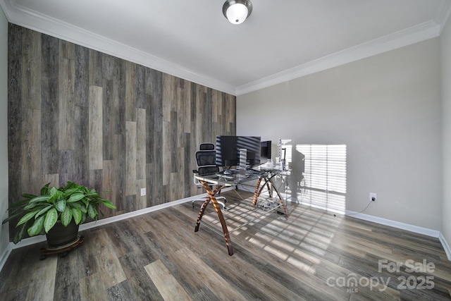 office space featuring dark hardwood / wood-style flooring and ornamental molding