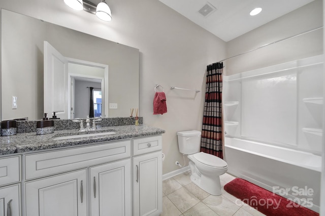 full bathroom featuring shower / tub combo with curtain, vanity, tile patterned flooring, and toilet