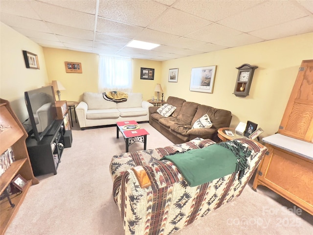 carpeted living room featuring a drop ceiling