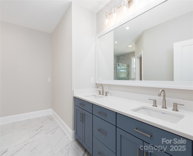 4243 Candlewood Dr Unit 9, Sherrills Ford, NC 28673 - bathroom featuring a shower stall, marble finish floor, a sink, and double vanity