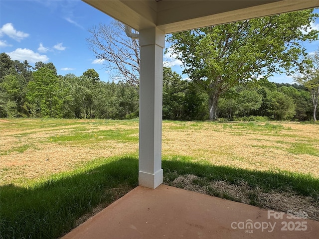 view of yard with a forest view and a patio area