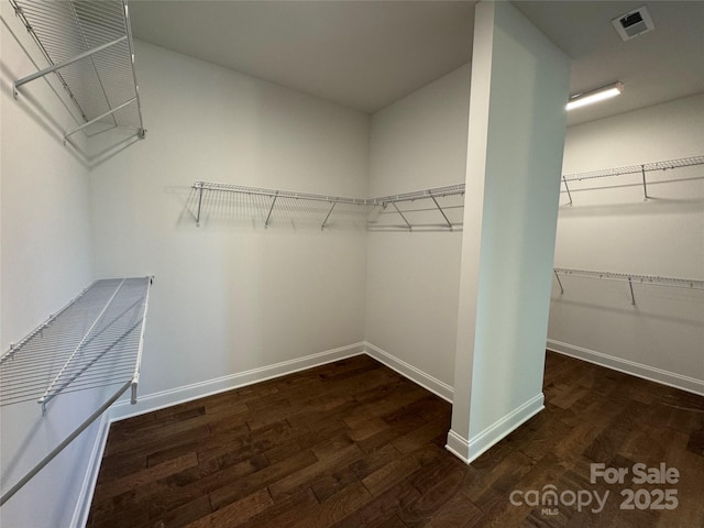 spacious closet with wood finished floors and visible vents