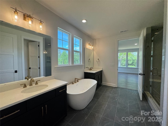 bathroom featuring a freestanding bath, visible vents, a sink, two vanities, and a stall shower