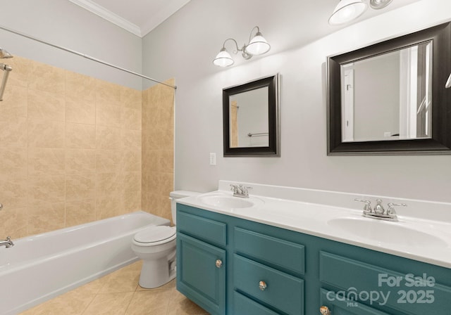 full bathroom featuring tile patterned floors, toilet, ornamental molding, vanity, and shower / bath combination