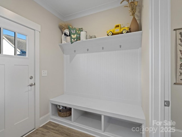 mudroom with ornamental molding and hardwood / wood-style floors