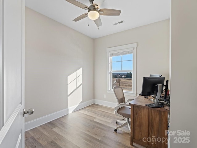 office area featuring ceiling fan and light hardwood / wood-style floors