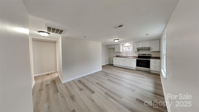 kitchen with sink, stainless steel electric stove, light hardwood / wood-style floors, and white cabinets