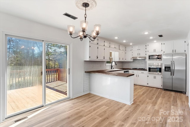 kitchen featuring light hardwood / wood-style flooring, hanging light fixtures, kitchen peninsula, stainless steel appliances, and white cabinets