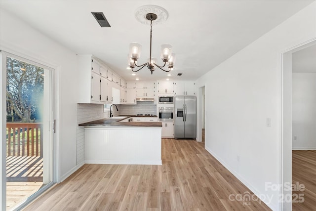 kitchen with white cabinetry, decorative light fixtures, kitchen peninsula, stainless steel appliances, and decorative backsplash