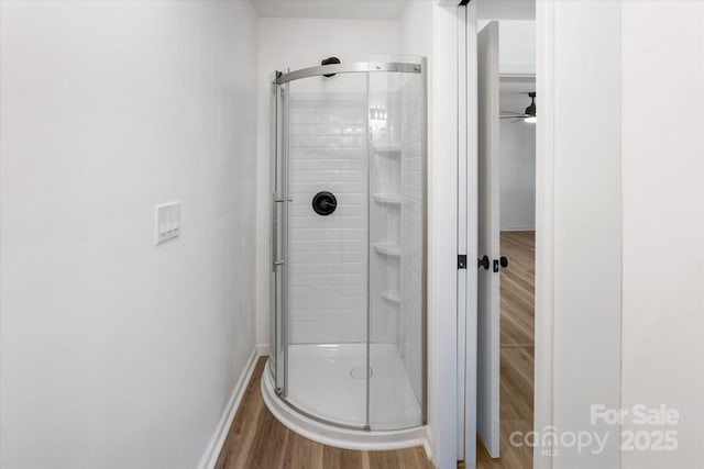 bathroom with hardwood / wood-style flooring and an enclosed shower