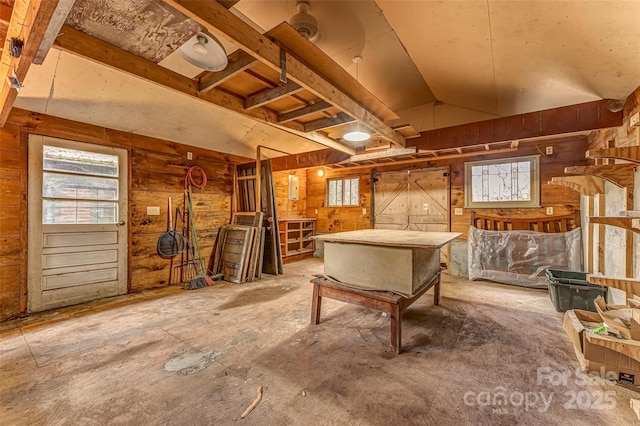 interior space with vaulted ceiling and wood walls